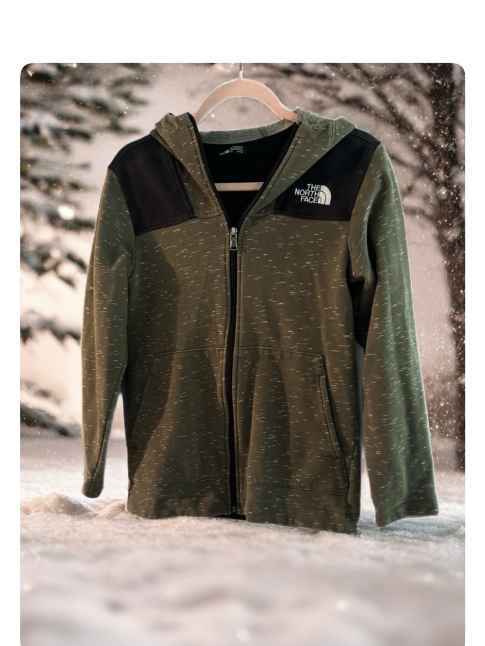 The North Face Kids Olive Green Full-Zip Hoodie with Black Accents